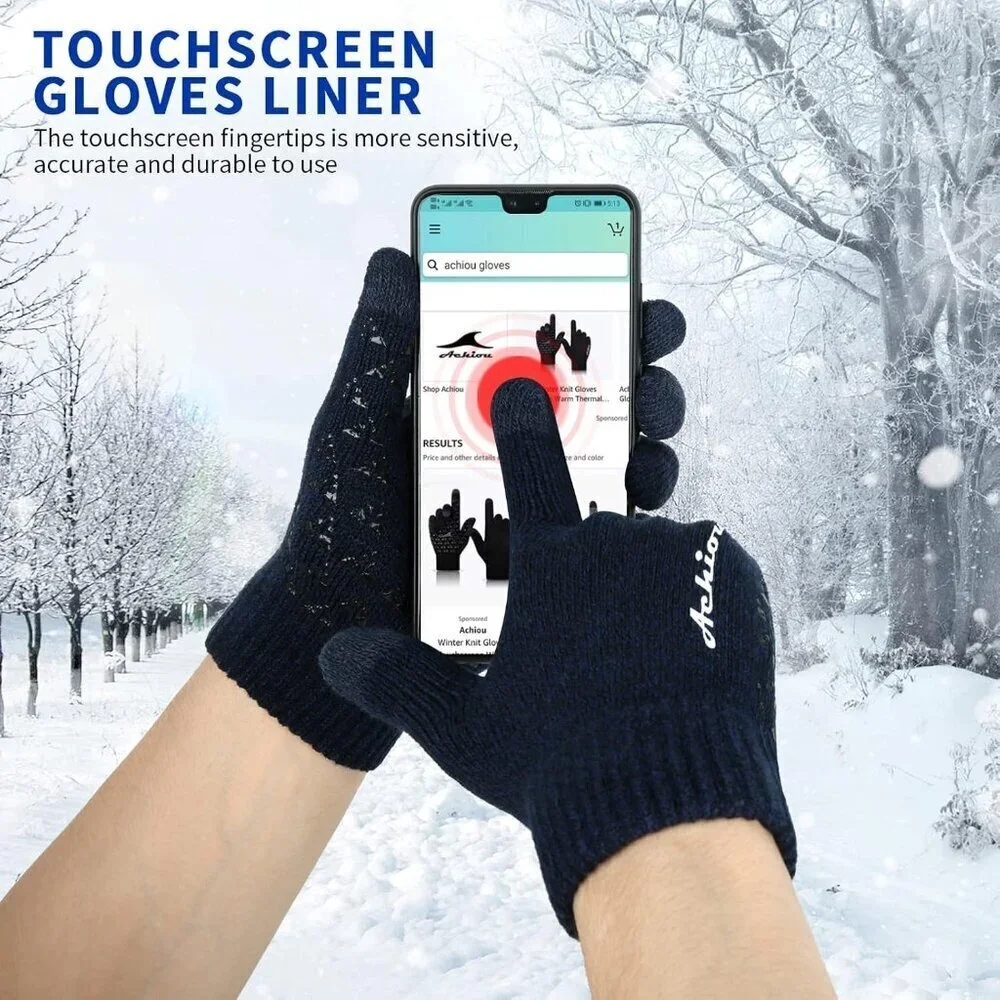 Women's Black Navy Upgraded Touch Screen Thermal Soft Knit Lining Winter Gloves